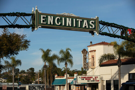 Encinitas, California, USA - September 3, 2022: A historic Encinitas sign hangs over Coast Highway in downtown.
