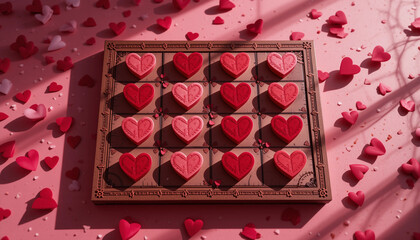 Valentines day four in a row board game with hearts on a red backdrop