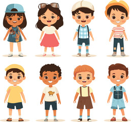 Fototapeta premium Set of happy kids in different clothes. Cartoon characters, isolated on a white background, Flat style cartoon vector illustration