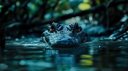 Obraz premium Close-up of an alligator lurking in murky water among lush vegetation, showcasing its stealthy nature