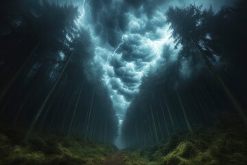 Dramatic forest scene with dark clouds and lightning illuminating a narrow path surrounded by tall trees