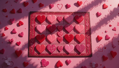 Valentines day four in a row board game with hearts on a red backdrop