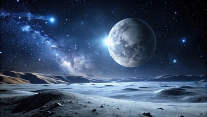 A Celestial Landscape  Vast, Icy Plains Under a Starry Sky Illuminated by a Gigantic Moon and Distant Galaxies