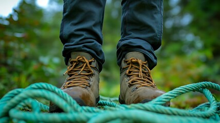 Close up of a climber's legs with a rope on a rock