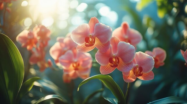 Vibrant Pink Orchids in Sunlit Garden Serenity Reflect Natural Beauty