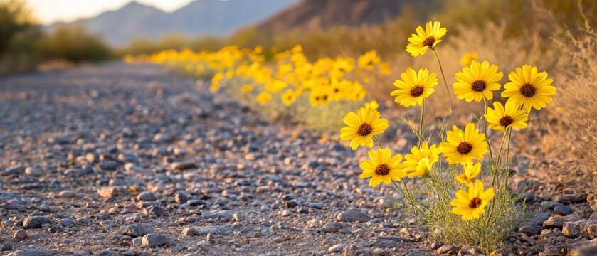 Vibrant yellow flowers blooming along a rocky desert path with mountains in the background