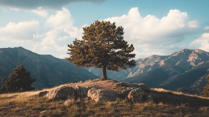 Majestic solitary tree on rocky hilltop surrounded by mountains under a cloudy sky at sunset
