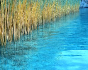 Golden reeds reflected in turquoise lake water.