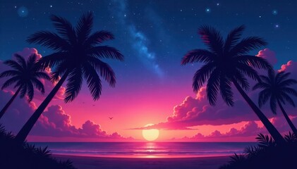 Obraz premium Twilight sky, coconut palms silhouetted against stars , peace, dark, nature