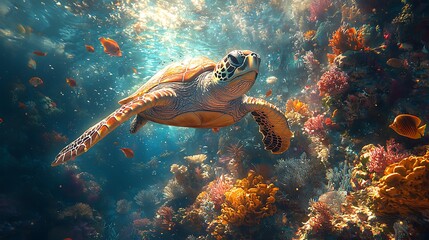 Fototapeta premium Sea Turtle in Coral Reef Paradise: A majestic sea turtle gracefully glides through a vibrant coral reef teeming with colorful fish, sunlight filtering through the crystal-clear water.