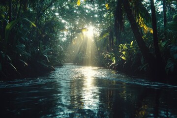 Fototapeta premium Serene jungle river at sunrise with sunlight filtering through lush green trees and reflections