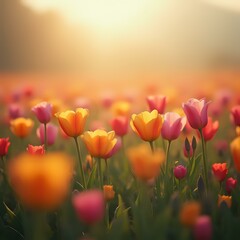 Fototapeta premium A field of tulips in various shades of orange and pink, with sunlight creating a warm, soft glow in the background.