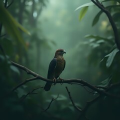 A bird is perched on a branch in a lush, green forest, its gaze directed towards the left side of the frame.