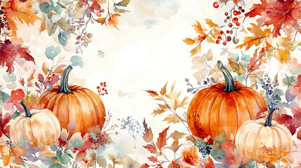 Naklejka premium Autumn watercolor Pumpkins with Leaves, Bright and colorful designing ideal for framing festive of autumn, themed designs and seasonal decoration with white watercolor background.