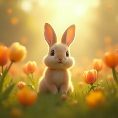 Obraz premium A cute cartoon rabbit sits in a field with sunbeams casting a warm glow on the surrounding flowers, creating a peaceful and idyllic scene.