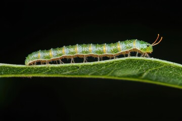 Fototapeta premium Green Caterpillar Crawling on a Leaf Insect Macro Photography Nature.