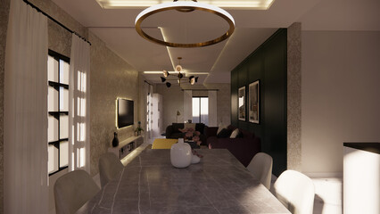 This high-quality 3D rendering is ideal for illustrating interior design proposals, architectural presentations, and lifestyle content related to home living and social spaces.