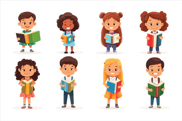 School kids. Cartoon children with books, happy cute boys and girls characters. Multiethnic cute kids waving with books.