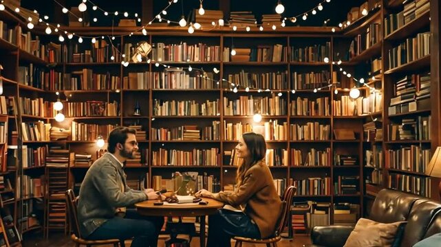 A cozy corner in a vintage bookstore, a couple sits surrounded by shelves, fairy lights, and heart decorations