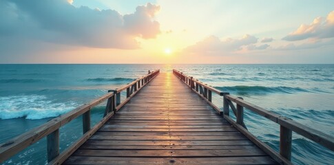 Fototapeta premium Wooden boardwalk stretching across North Sea landscape, coastal view, summer