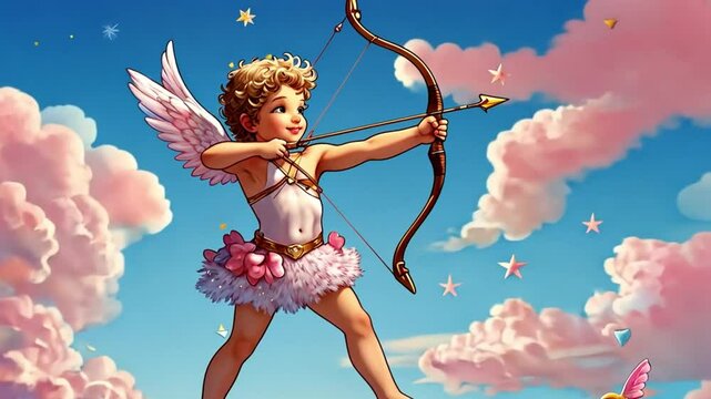 A whimsical illustration of Cupid flying in a pastel sky, aiming his bow. Fluffy clouds, sparkling stars, and floating hearts surround him, creating a dreamy and magical atmosphere