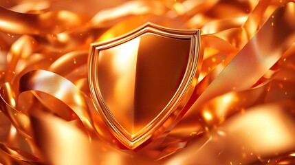 A shiny orange shield surrounded by vibrant ribbons, symbolizing protection, security, and celebration.