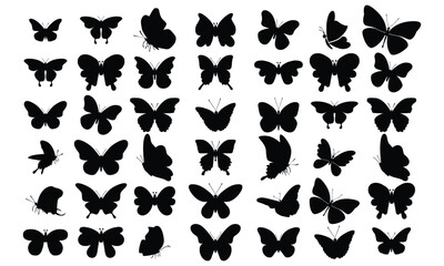 Big set butterflies on a white background drawing decorative insect silhouettes hand draw vector