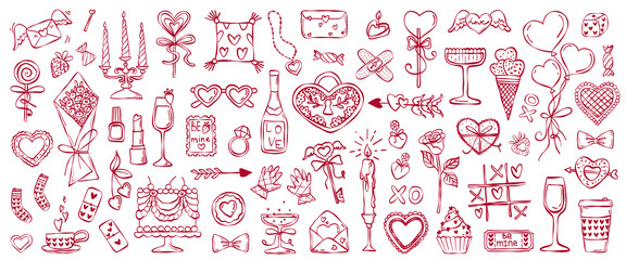 Set of vector images in sketch style for Valentine's Day. Set of monochrome ink cute bouquet,  sunglasses, rose, balloons, amour arrow, candles, cake, vine isolated on white background. Hand drawn lin