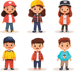 Set of happy kids in different clothes. Cartoon characters, isolated on a white background, Flat style cartoon vector illustration