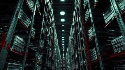 A vast warehouse interior with towering shelves filled with metallic containers under bright lights