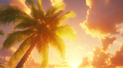 Sunset over a tropical beach with a palm tree silhouetted against vibrant clouds and warm light
