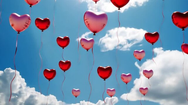 A cheerful cluster of red and pink heart-shaped balloons floats in a light blue sky with fluffy white clouds, symbolizing love and joy in a bright, uplifting design.