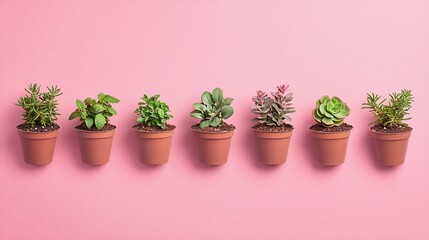 A Row of Eight Small potted plants, herbs and succulents, arranged in a neat line against a pink background, showcasing a minimalist home decor aesthetic.