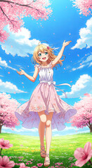 Fototapeta premium Cheerful girl with long hair with cherry blossoms and summer dress. Anime cartoon illustration