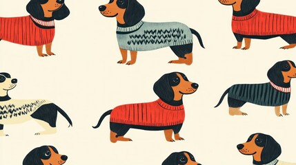 Dachshunds in sweaters, winter pattern, cream background, fabric design