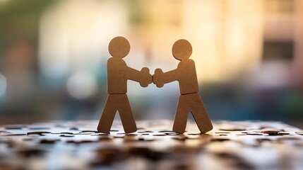 Two Wooden Figures Holding Hands on a Jigsaw Puzzle Background