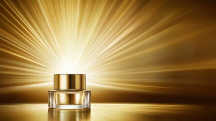 Luxurious Golden Cream Jar with Radiant Light Background, Perfect for Beauty Ads, Skincare Promotion, and Spa Branding, Evoking Elegance and Premium Quality
