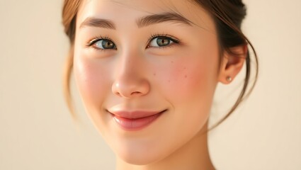 Naklejka premium Serene-Faced Woman with Freckles in Soft Light