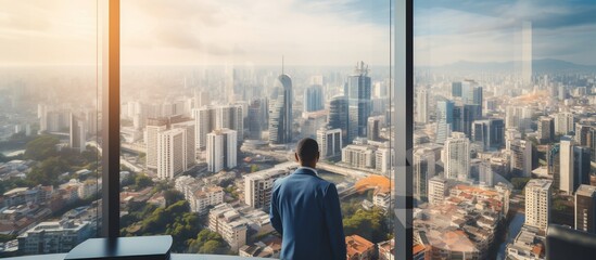 Urban Panorama: A Man Contemplating a Cityscape from a Skyscraper