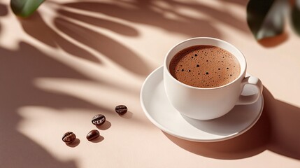 Fototapeta premium Aromatic coffee cup casting tropical leaf shadows on pastel background