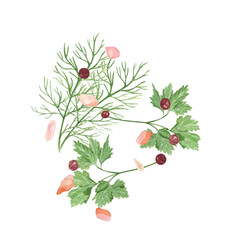 Pink pepper and Himalayan salt with dill and parsley watercolor composition isolated on white. Hand drawn clip art perfect for spice box, menu, packaging, cards, food ads, labels decor and design