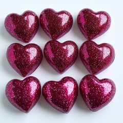 Fototapeta premium Sparkling Red Hearts Arrangement on White Background for Romantic and Celebration Themes