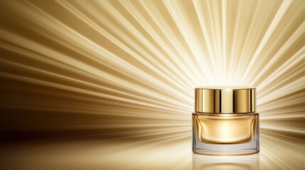 Elegant and Luxurious Skincare Cream Jar with Golden Accents Radiating Light in a Shimmering Backdrop for Beauty and Wellness Promotions
