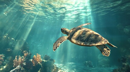 Fototapeta premium Majestic Sea Turtle Gracefully Navigating Underwater Paradise