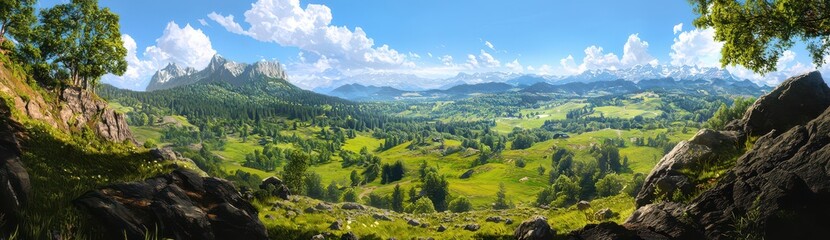 Fototapeta premium Lush Green Valley Landscape with Majestic Mountains and Blue Sky