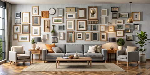 Fototapeta premium Modern living room with a large wall filled with frames in different shapes and sizes, Decorative Elements, Contemporary Furniture