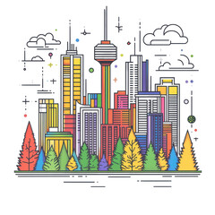 Fototapeta premium Colorful Cityscape Skyline with Trees Vibrant Urban Nature Scene,