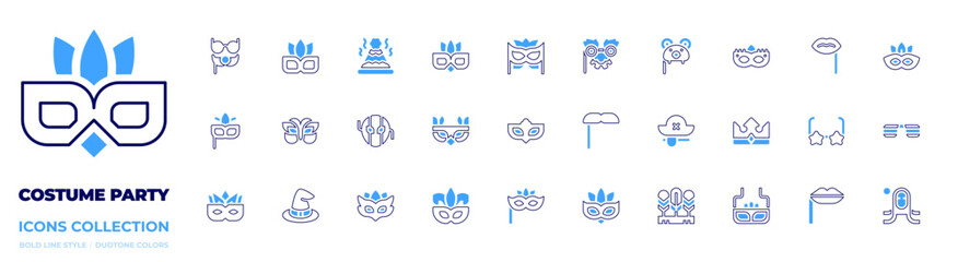 Costume party icon collection. Bold line style. Duotone colors. mustaches, pirate, crown, star glasses, eye mask, feather, mask, kiss, masquerade, witch hat, carnival mask, moretta