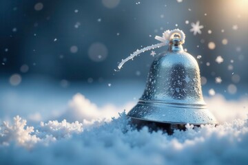 Glittering snowflakes surround delicate silver bell, snowflake, winter