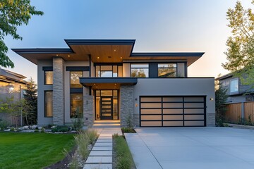 A modern contemporary home with a sleek, minimalist design featuring an attached garage. The house showcases clean architectural lines, large windows, and a well-maint